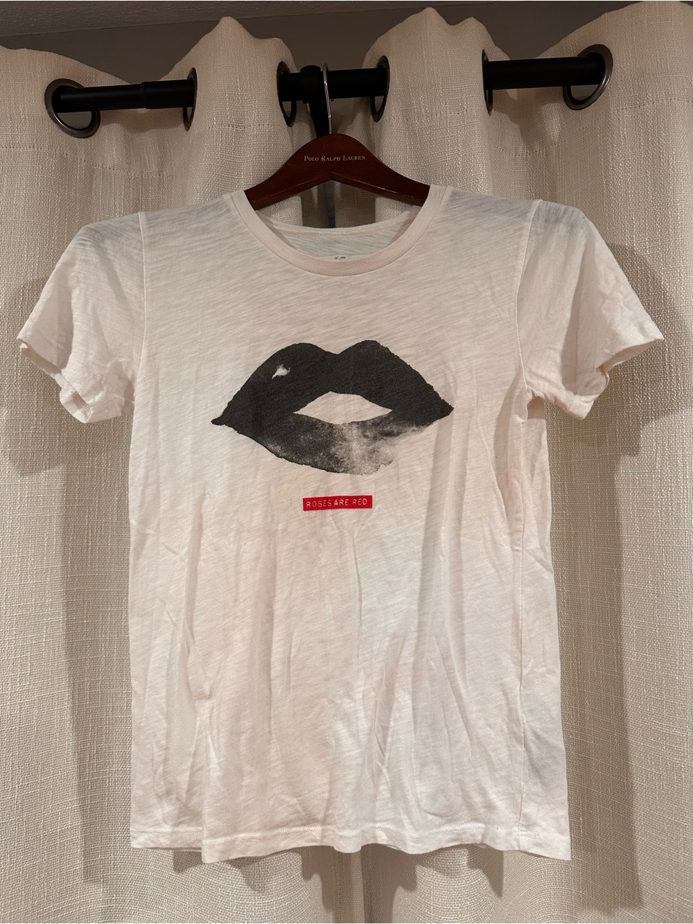 Abercrombie & Fitch White Tee with Black Lip Graphic and Red Accent
